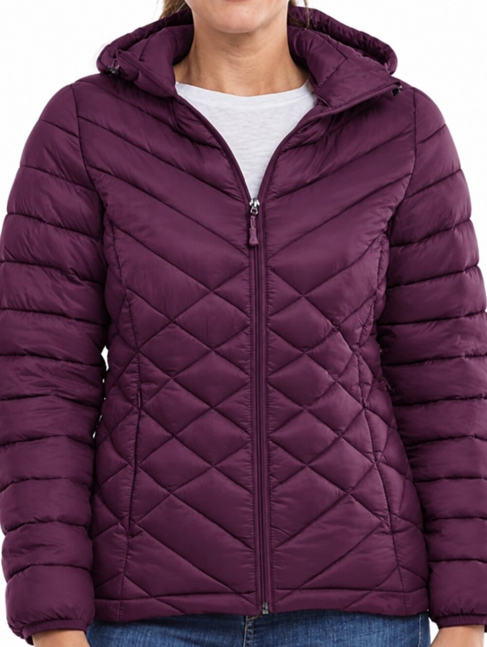 ZeroXposur women's lightweight packable puffer jacket in the color Aubergine